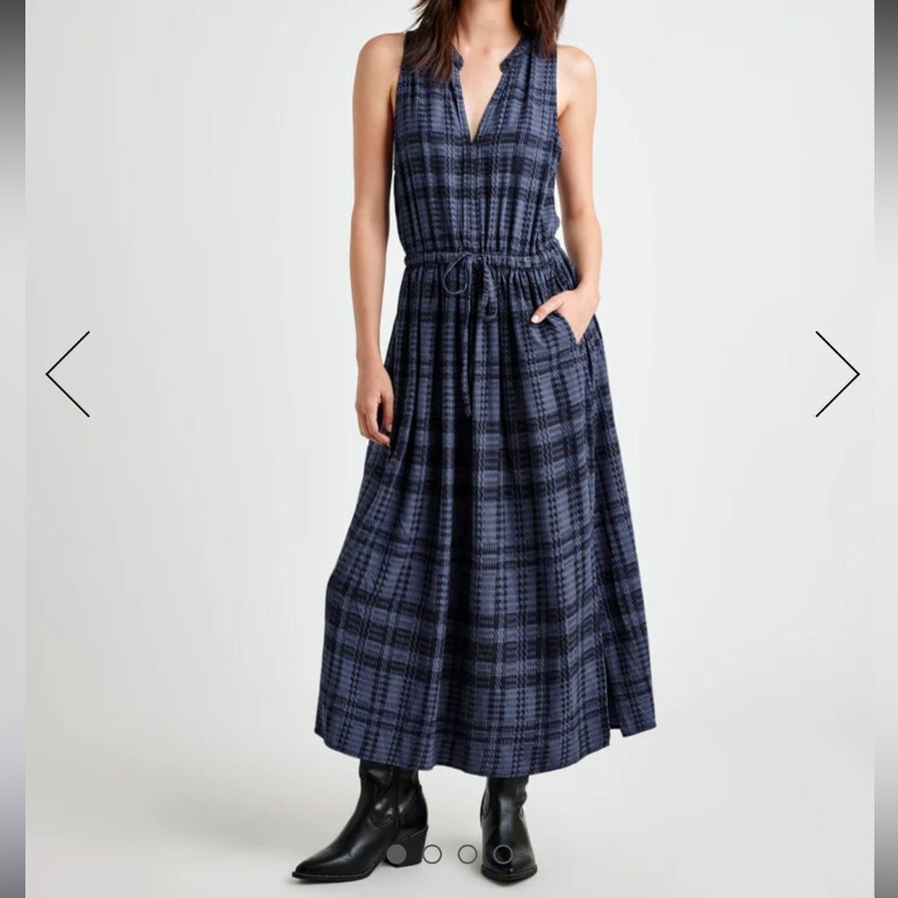 NWT Splendid Maxi Dress Womens Blue Plaid Houndstooth Sleeveless Side Slit Small